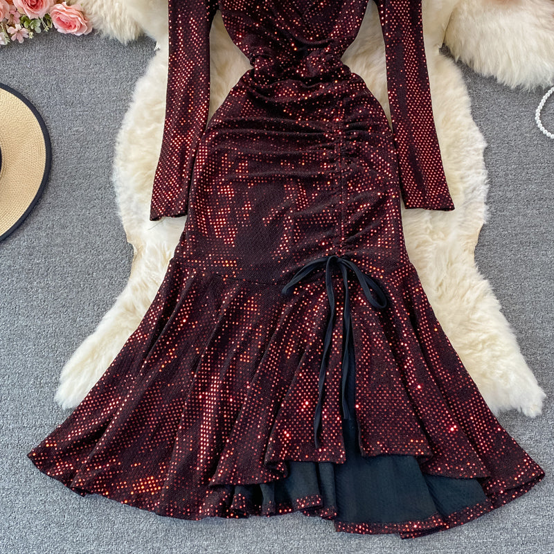 Süßes V-Ausschnitt Pailletten Langarm Kleid Modekleid 430