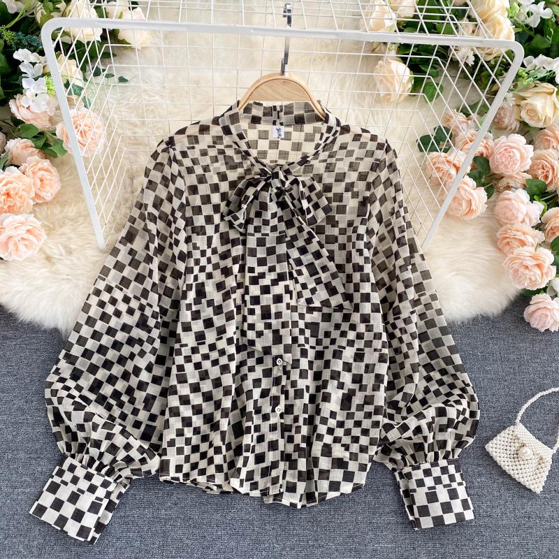 Retro bow round neck long-sleeved check chiffon shirt  316