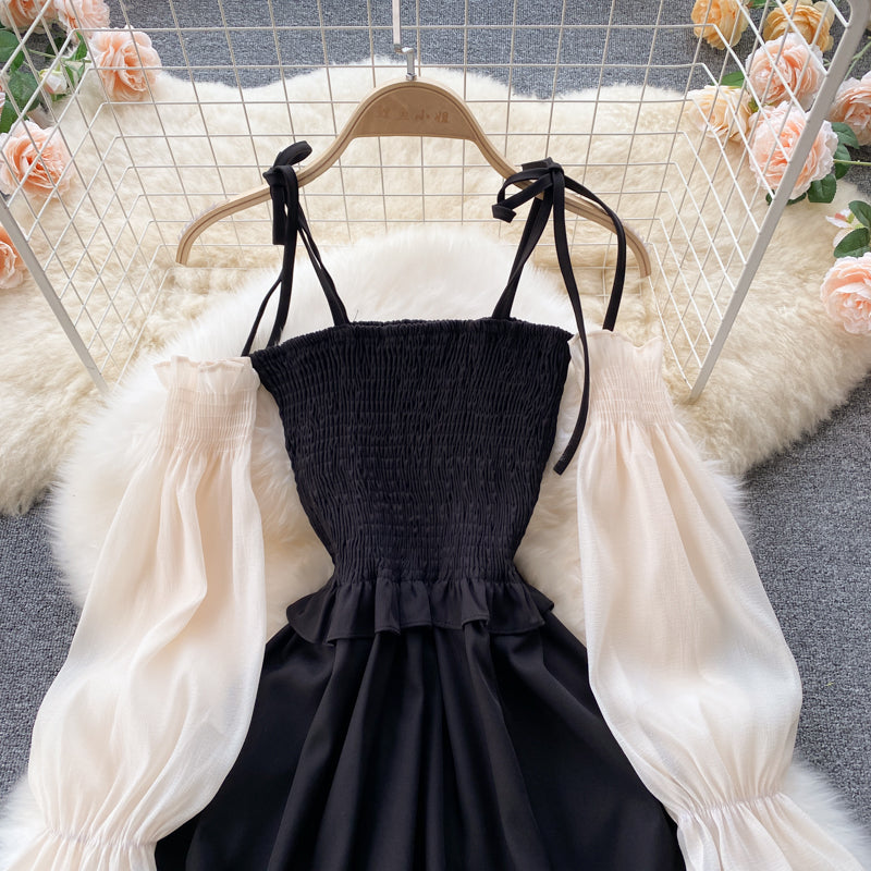 Schwarzes A-Linien-Langarmkleid Modekleid 431