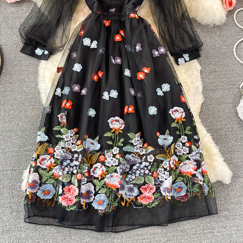 Schwarzes Spitzen-Tüll-Langarmkleid Modekleid 425