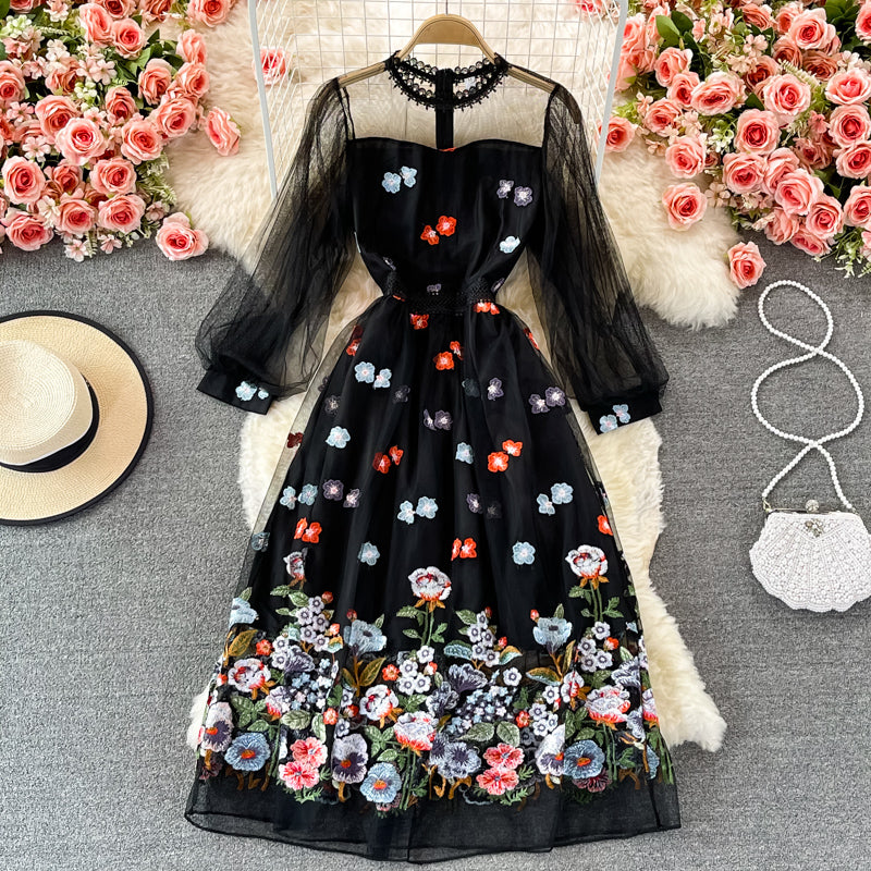 Schwarzes Spitzen-Tüll-Langarmkleid Modekleid 425
