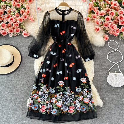 Schwarzes Spitzen-Tüll-Langarmkleid Modekleid 425