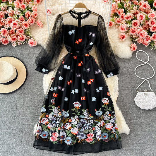 Schwarzes Spitzen-Tüll-Langarmkleid Modekleid 425