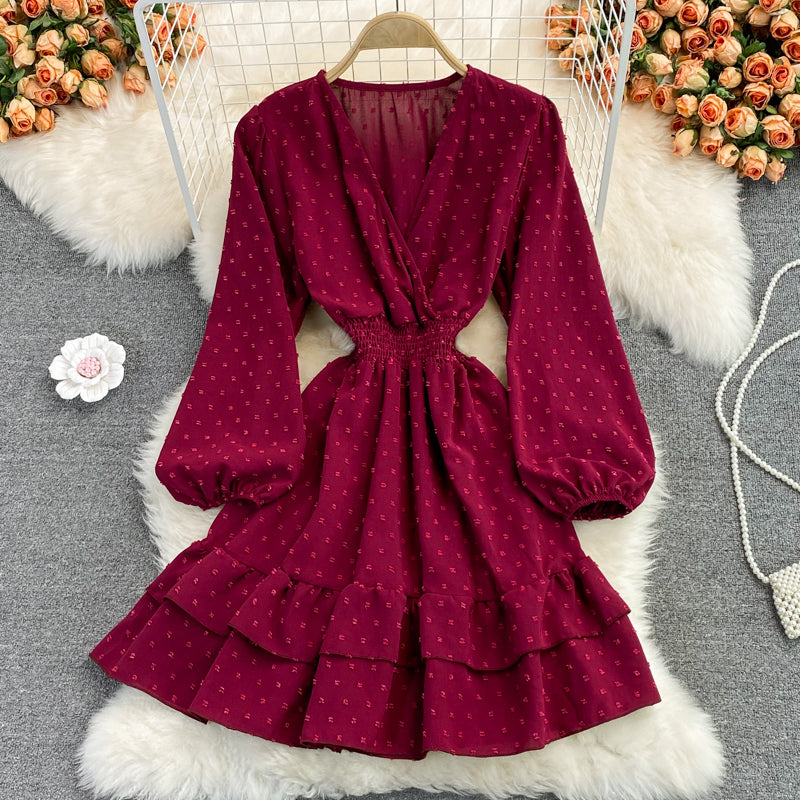Süßes Langarmkleid mit V-Ausschnitt, Modekleid 413