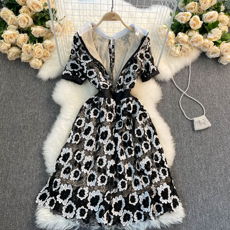 Niedliches kurzes A-Linien-Kleid aus Spitze, Modekleid 426