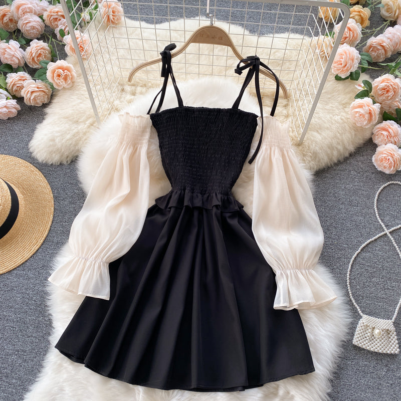 Schwarzes A-Linien-Langarmkleid Modekleid 431
