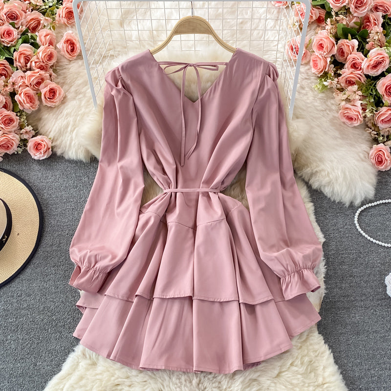 Süßes Langarmkleid mit V-Ausschnitt, Modekleid 408