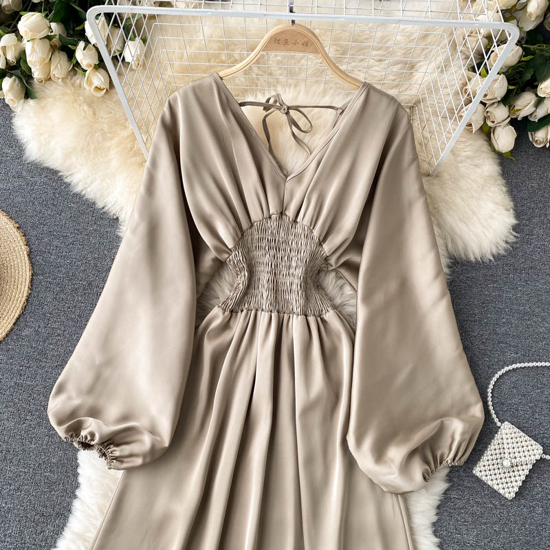 Süßes Langarmkleid mit V-Ausschnitt, Modekleid 407