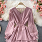 Süßes Langarmkleid mit V-Ausschnitt, Modekleid 408