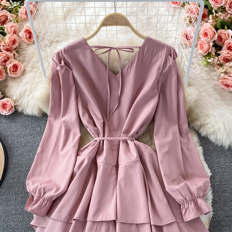 Süßes Langarmkleid mit V-Ausschnitt, Modekleid 408