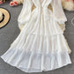 White v neck long sleeve dress fashion dress  491