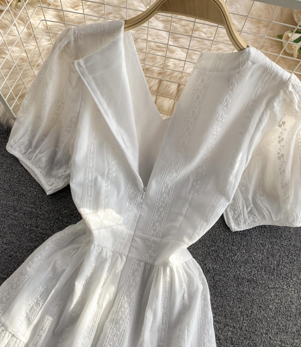 White A line v neck dress fashion dress  669