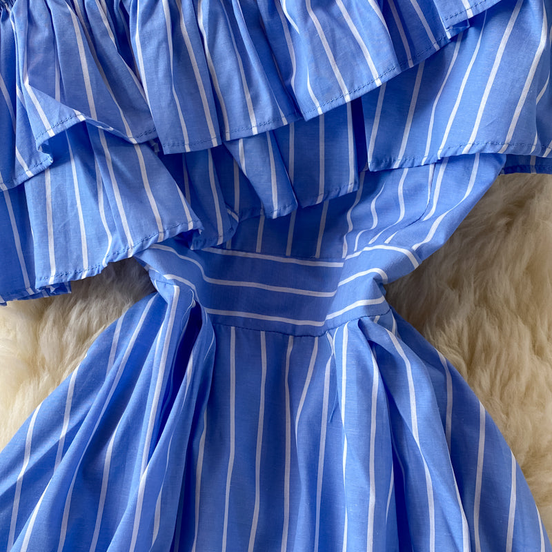 Cute blue stripe dress one shoulder dress  518