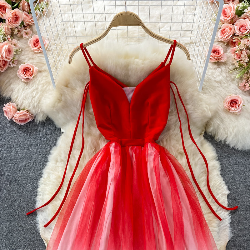 Cute gradient v neck tulle short dress fashion dress  453