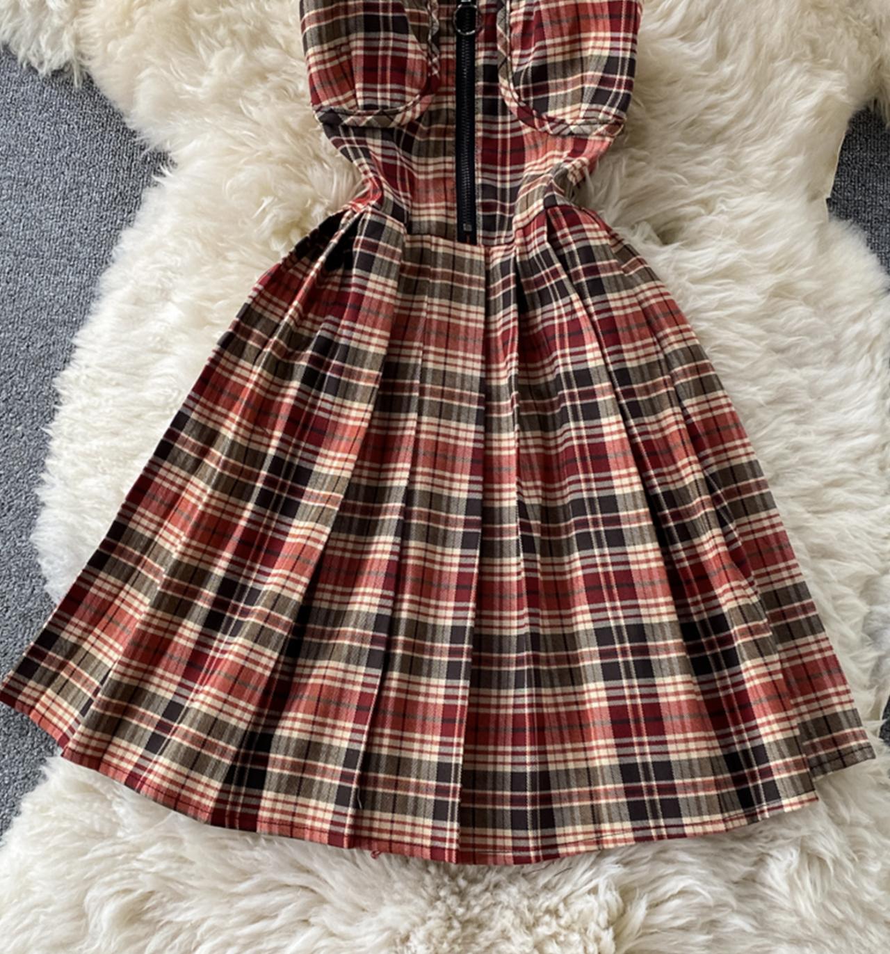 Cute plaid short A line dress  679
