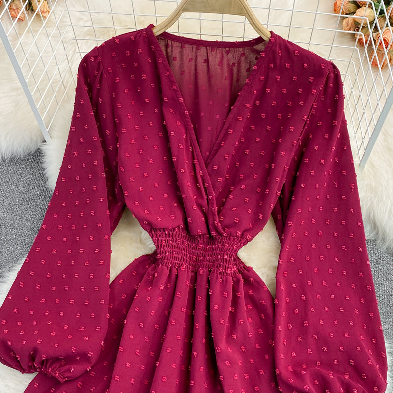 Süßes Langarmkleid mit V-Ausschnitt, Modekleid 413