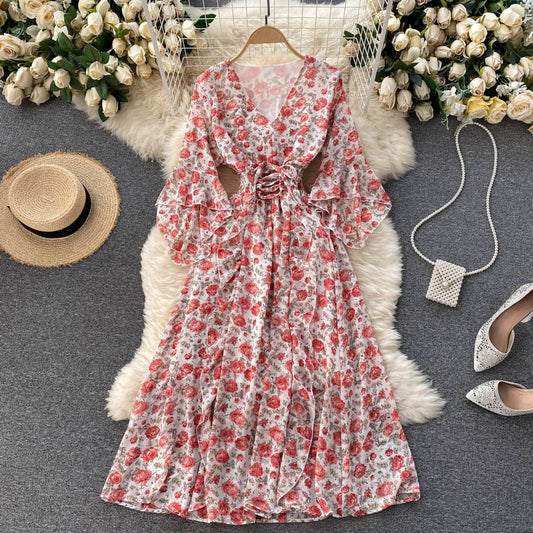 Robe fleurie mignonne à col en V Robe trapèze tendance 501