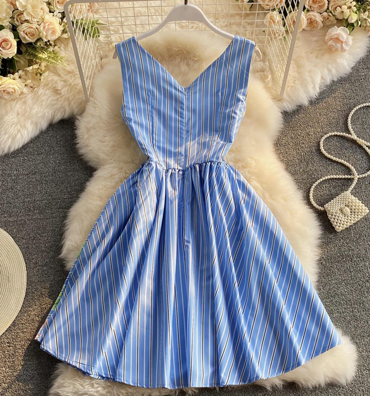 Blue v neck short dress fashion dress  694