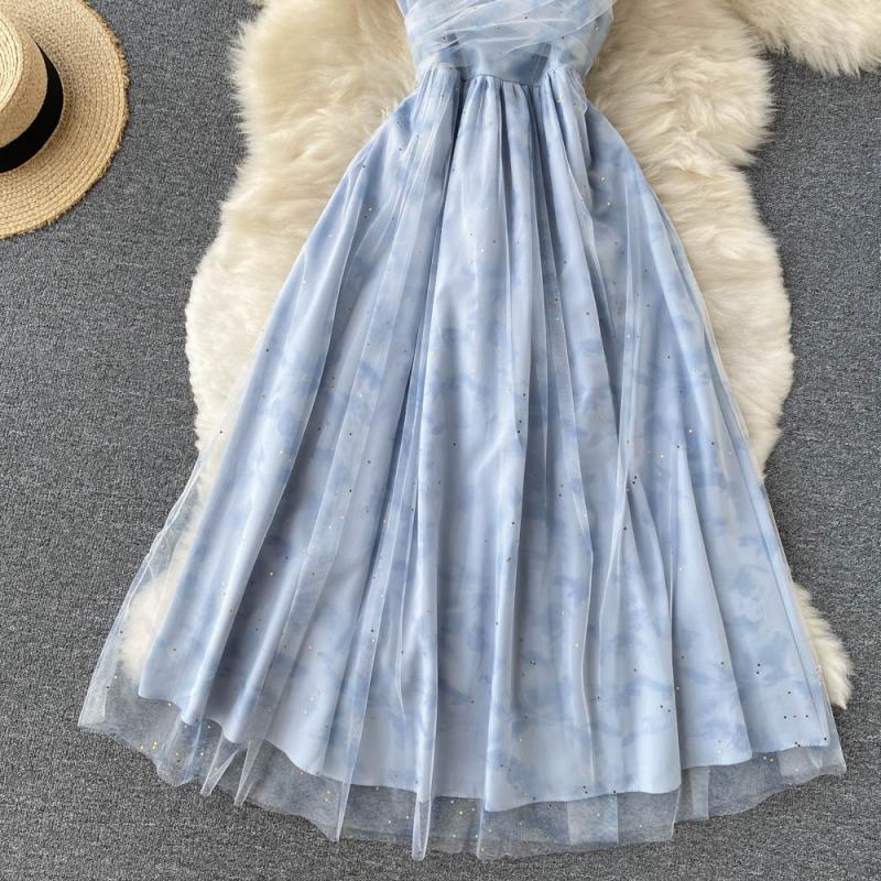 Blaues kurzes A-Linien-Kleid aus Tüll Modekleid 390