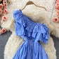 Cute blue stripe dress one shoulder dress  518