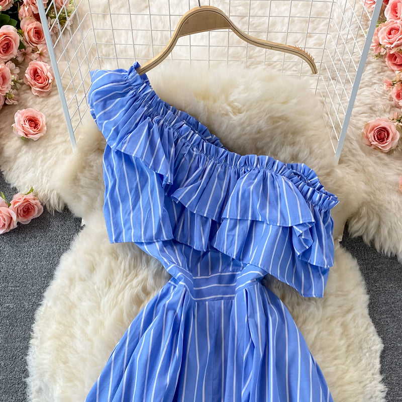 Cute blue stripe dress one shoulder dress  518