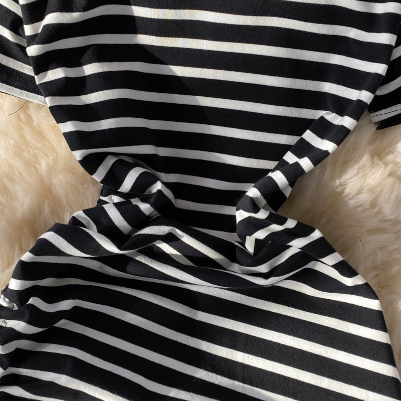 Slim waist casual side drawstring extra long over-the-knee slit striped T-shirt dress  557
