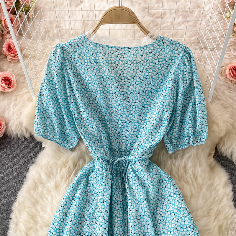 Blue floral high low A line dress fashion dress  532