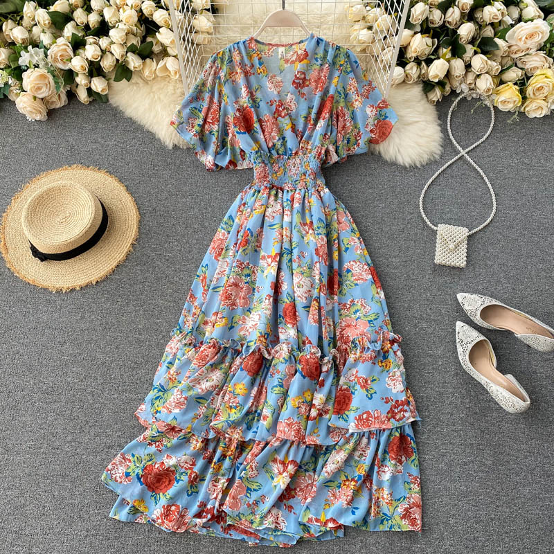 Cute v neck floral dress A line fashion dress  502