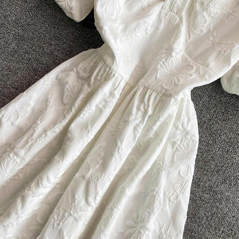 Sweet white puff sleeve dress white A line dress  583
