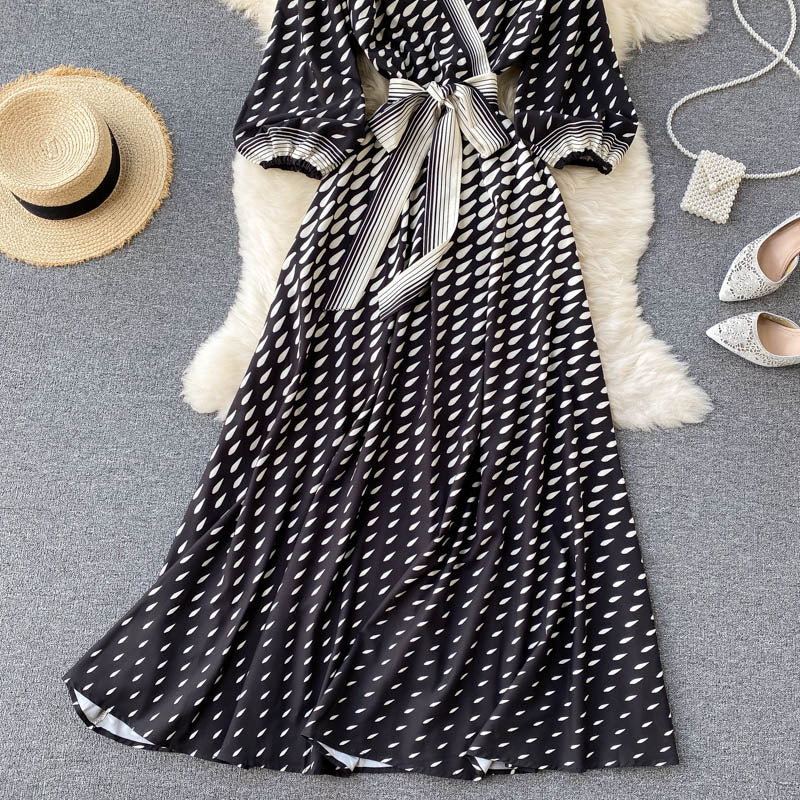 New gradient color polka dot temperament mid-sleeve lace-up waist dress  596