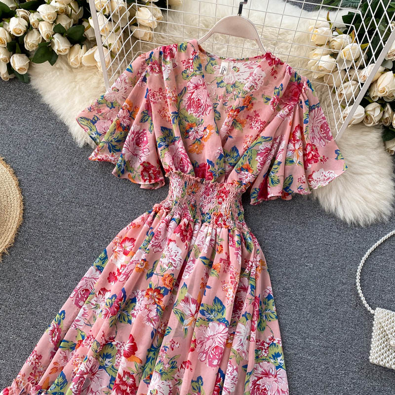 Cute v neck floral dress A line fashion dress  502