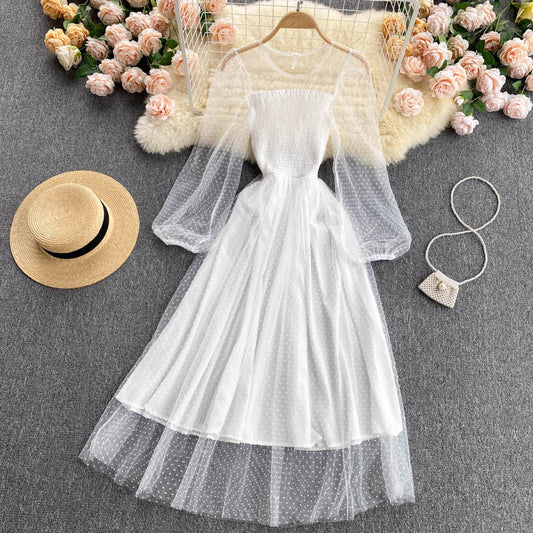 Robe trapèze mignonne à manches longues en tulle, robe tendance 627