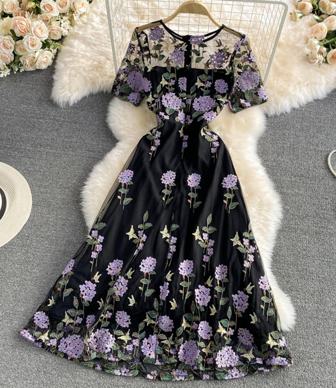 Black lace short dress A line fashion dress  676