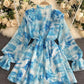 Blue A line long sleeve dress fashion dress 649