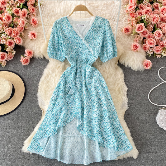 Blue floral high low A line dress fashion dress  532