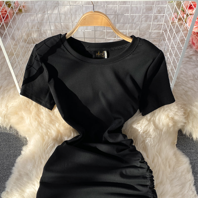 Slim waist casual side drawstring extra long over-the-knee slit striped T-shirt dress  557