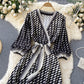 New gradient color polka dot temperament mid-sleeve lace-up waist dress  596