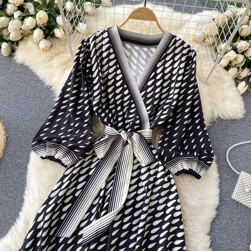 New gradient color polka dot temperament mid-sleeve lace-up waist dress  596