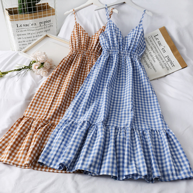 Jolie robe à carreaux à col en V Robe trapèze tendance 500
