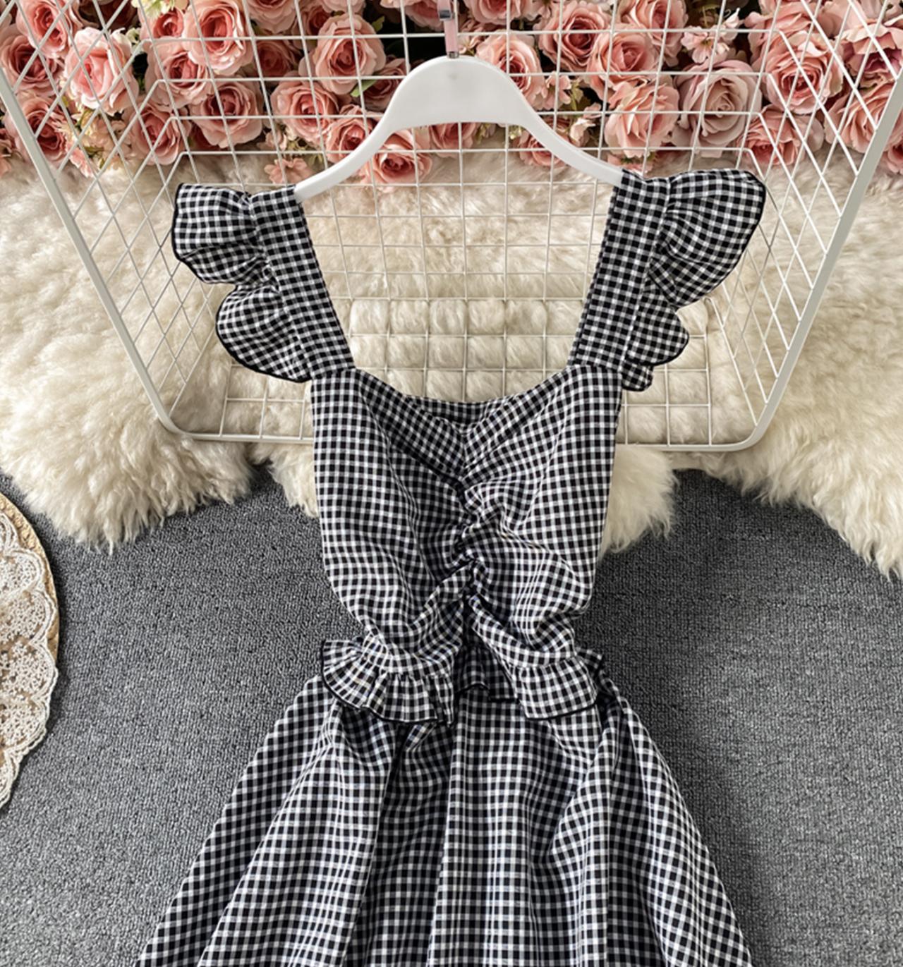 Cute plaid short dress A line dress  693