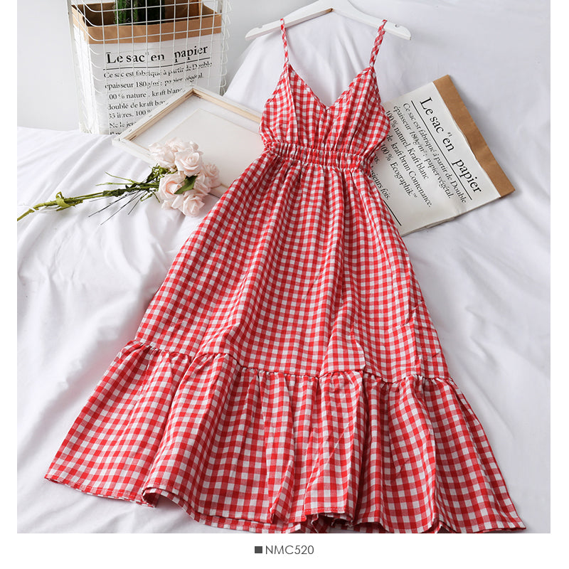 Jolie robe à carreaux à col en V Robe trapèze tendance 500