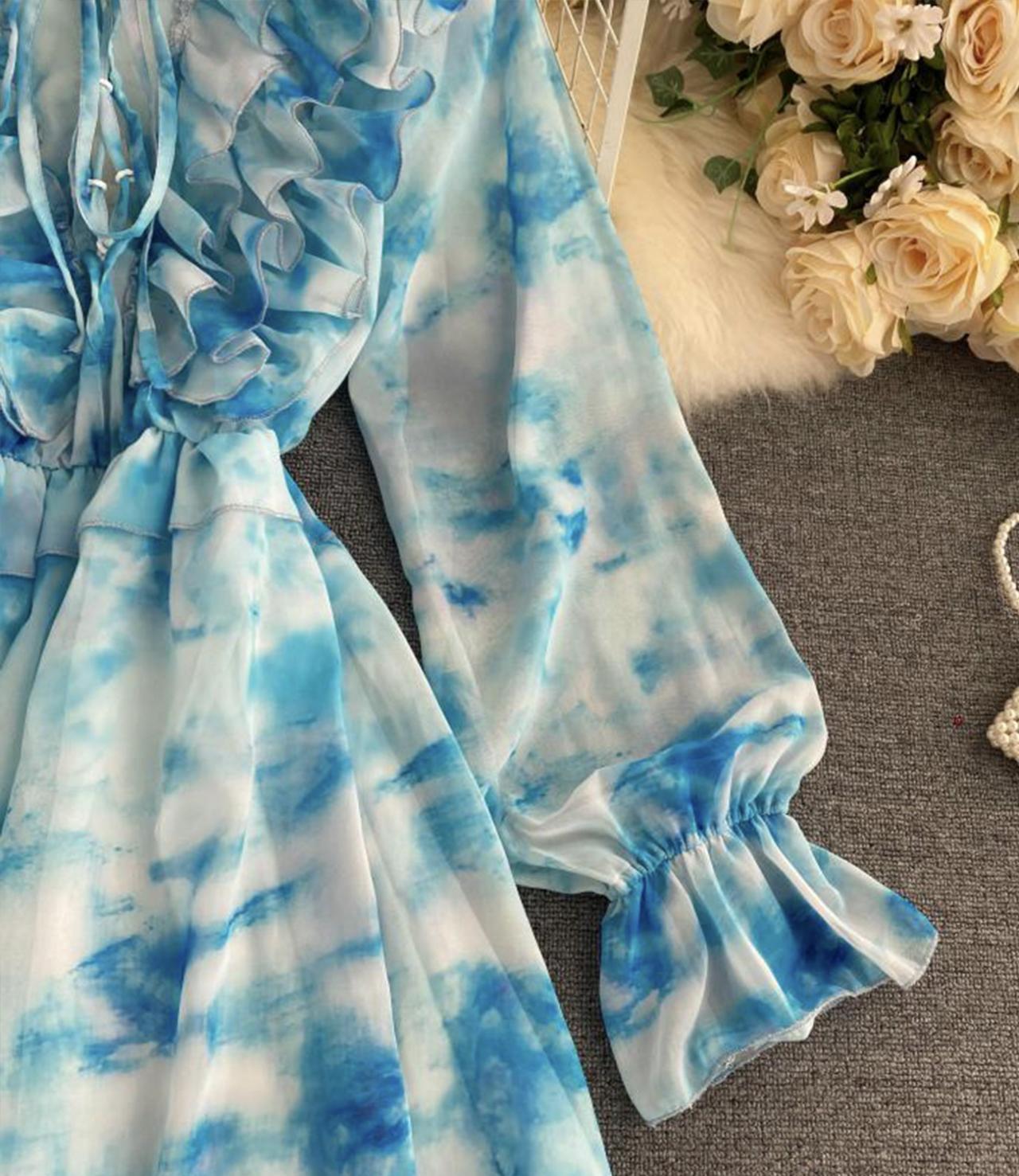 Blue A line long sleeve dress fashion dress 649