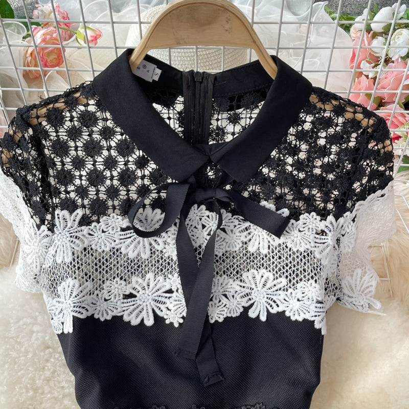 Cute lace short dress black A line dress  606