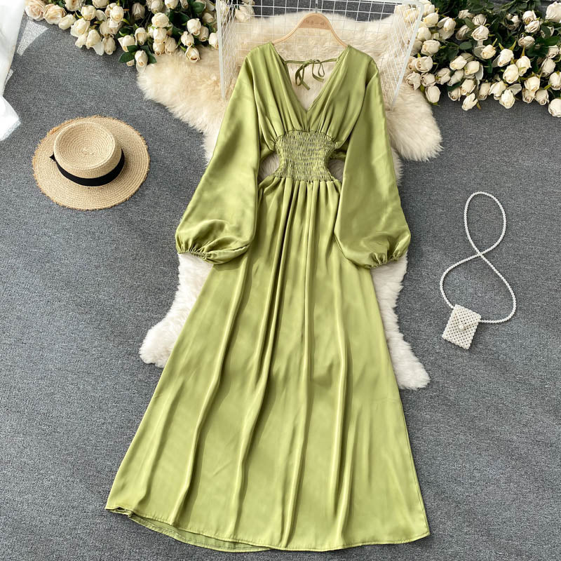 Süßes Langarmkleid mit V-Ausschnitt, Modekleid 407