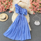 Cute blue stripe dress one shoulder dress  518