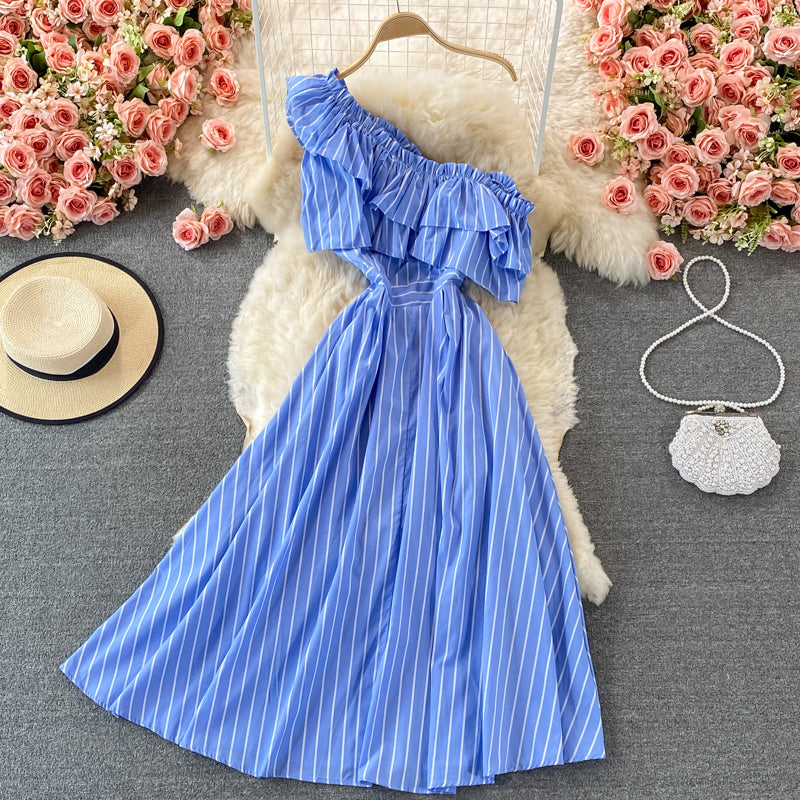 Cute blue stripe dress one shoulder dress  518