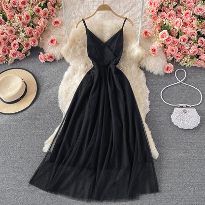 Black v neck tulle short dress A line fashion dress  496