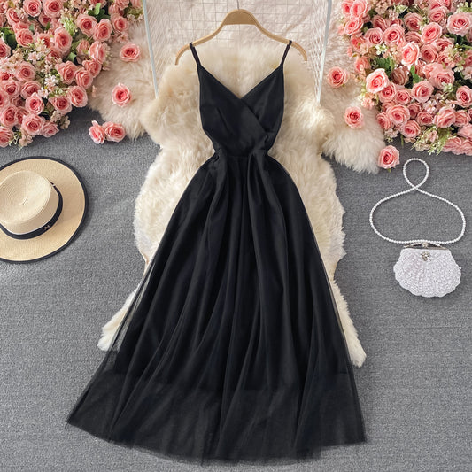 Black v neck tulle short dress A line fashion dress  496