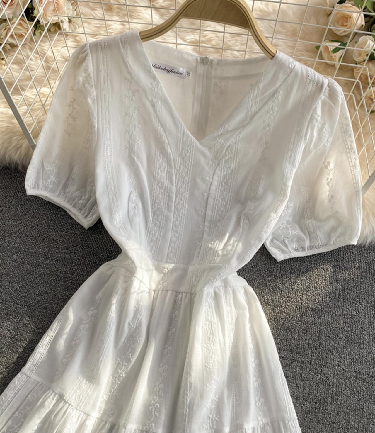 White A line v neck dress fashion dress  669