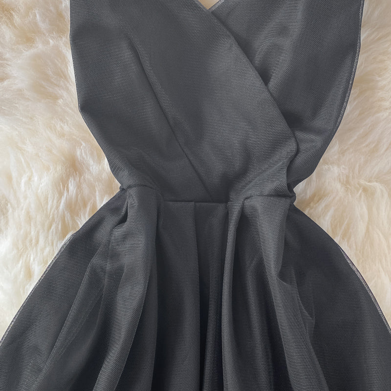 Black v neck tulle short dress A line fashion dress  496